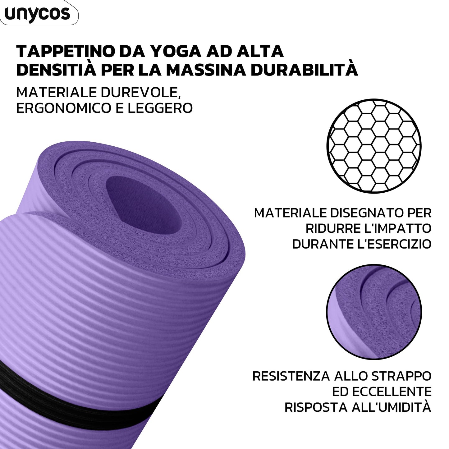 unycos - Tappetino Antiscivolo da Yoga, Pilates e Ginnastica Extra Spesso 10/15 mm, 183x60 cm, Materassino Fitness con Schiuma NBR Confortevole, Tracolla, Borsa ed E-Book di 50 Esercizi