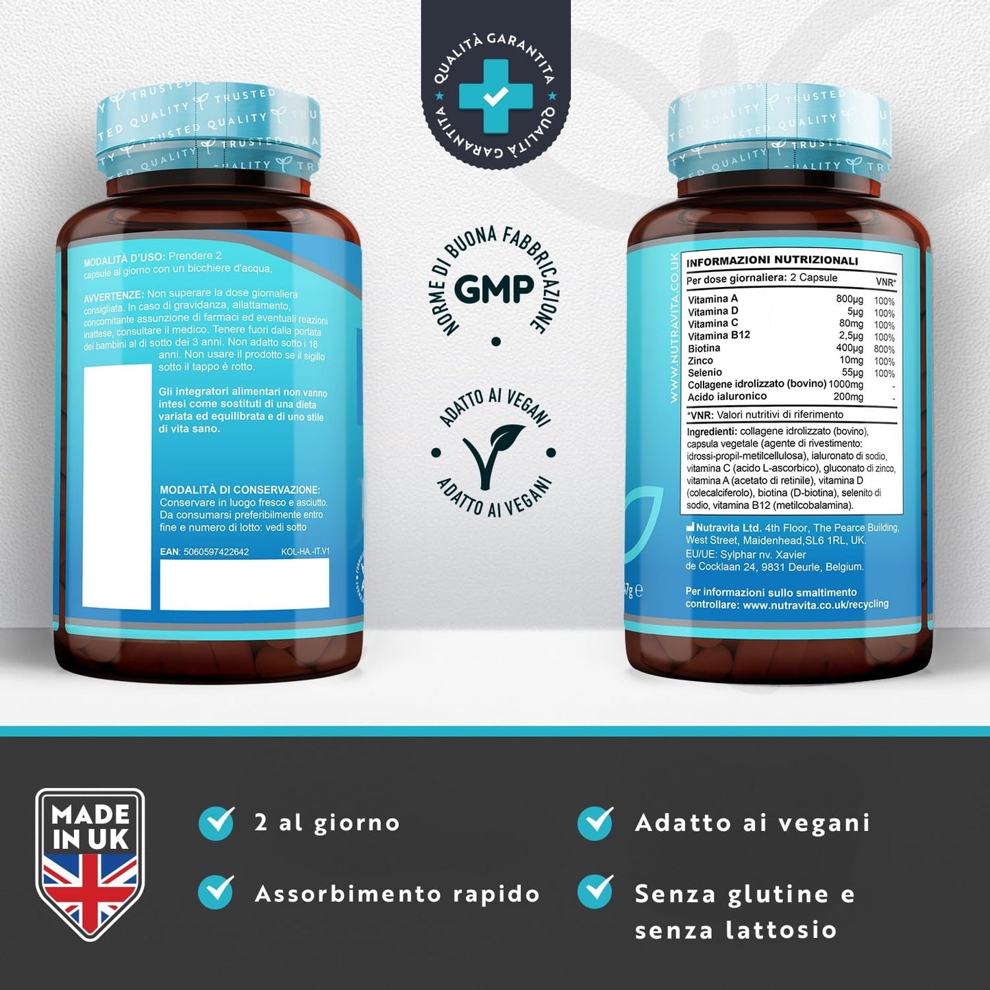 Collagene e Acido Ialuronico Integratore 180 Capsule - 1000mg Collagene Idrolizzato + 200mg Acido Ialuronico + Vitamina C, Biotina, Zinco e Selenio - Integratori per Capelli Pelle e Unghie - Nutravita