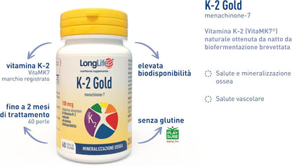 LongLife® K-2 Gold | Con menachinone da natto | VitaMK7 | Vitamina K2 in olio EVO ad alta biodisponibilità | Salute delle ossa e vascolare | Senza glutine e Halal