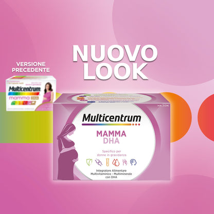 Multicentrum Mamma DHA, Integratore Multivitaminico specifico per la donna in gravidanza, con Acido Folico, Ferro, Vitamina C, D, B12, DHA, 30 Compresse + 30 capsule molli