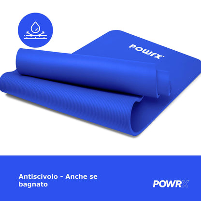 POWRX Tappetino Fitness Antiscivolo 190 x 60, 80, 100 cm - Ideale per Yoga, Pilates e Ginnastica - Extra Morbido e Spessore da 1,5 cm o 1 cm - Ecocompatibile con Tracolla e Sacca Trasporto + Poster