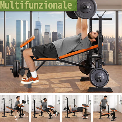 YOLEO Multifunzione Palestra Casa con Rack Palestra, Panca Piana Bilanciere, Panca Addominali con leg extension leg curl - arm curl - porta bilanciere