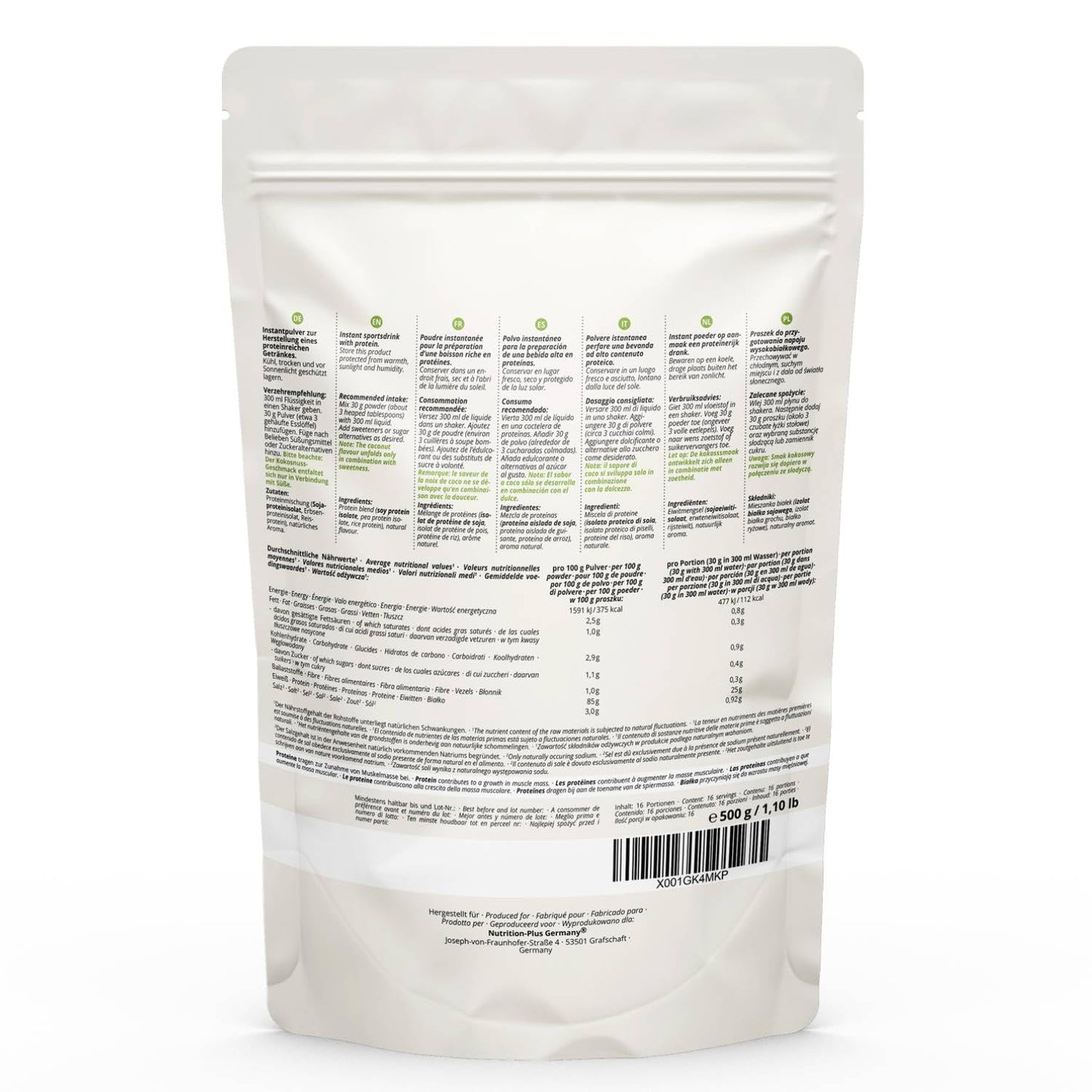 nutri+ Natures Protein Powder Cocco 500g - proteine naturali in polvere senza edulcoranti, lattosio, zucchero e latte - proteina vegetale in polvere - gusto Noce di Cocco