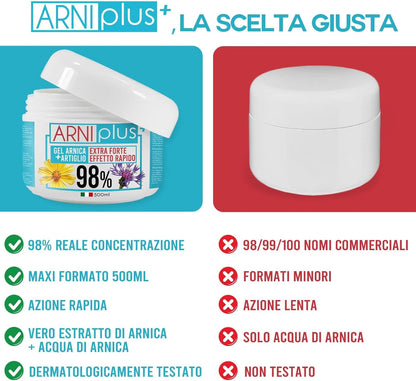 ARNIplus+ Arnica per cavalli uso umano, Gel extra forte 98%, assorbimento rapido, non unge, Arnica montana + Artiglio del diavolo, 500ML, made in italy