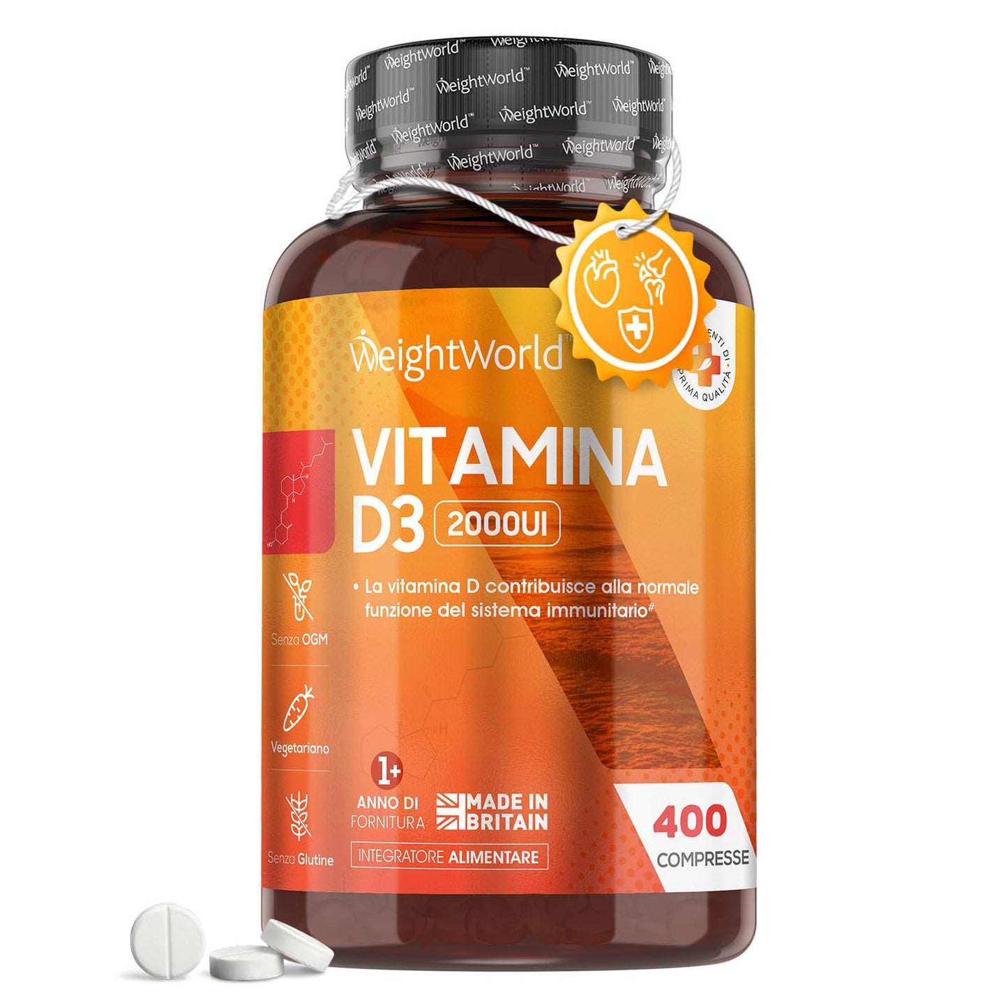 Vitamina D 2000UI (50mcg) per 1 Compressa, 13+ Mesi di Vitamina D3, 400 Compresse di Vitamina D 2000 UI (Colecalciferolo), Ossa, Denti, Muscoli, Sistema Immunitario, Integratore Vitamina D (Vit D)