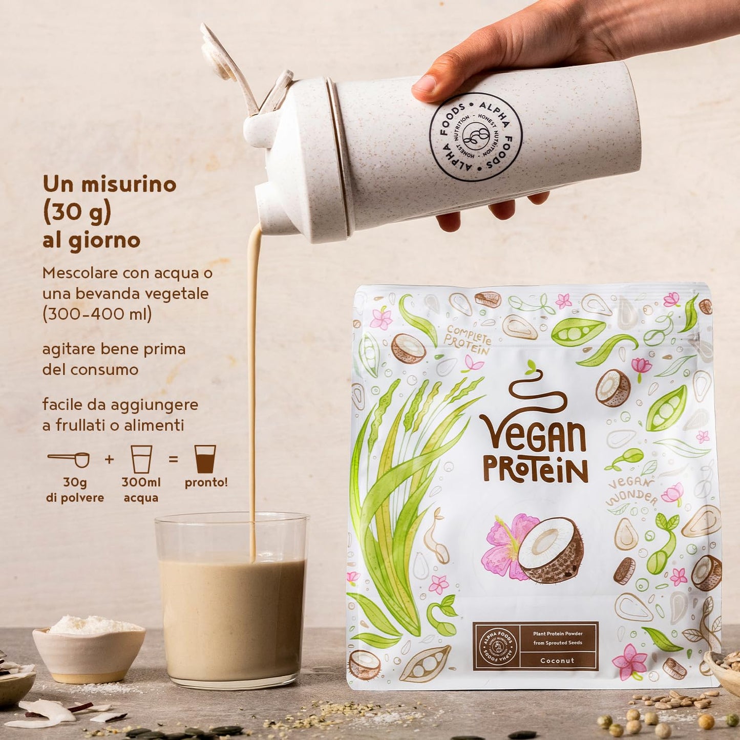 Proteine in Polvere Vegane | Gusto Cioccolato | 21g Proteine | Proteine Vegetali Isolate in Polvere di Pisello, Riso, Girasole e Soia | Massa Muscolare | 1.2kg Vegan Protein Powder | Alpha Foods