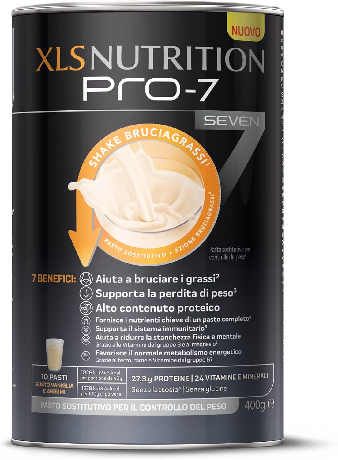 XLS Nutrition Pro-7 Pasto Sostitutivo per Controllo del Peso, Shake Bruciagrassi, 7 Benefici, 10 Pasti, Gusto Vaniglia e Agrumi, 400 g