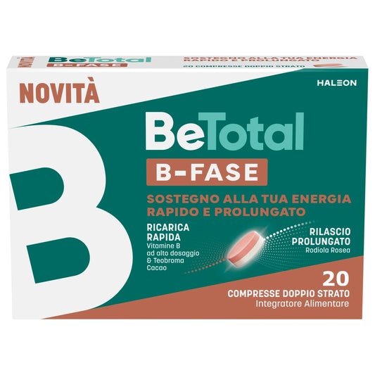 Be-Total B-Fase Integratore Alimentare con Biotina, Vitamina B, Rodiola Rosea e Teobroma Cacao per un sostegno Rapido e Prolungato alla tua Energia, 20 compresse doppio strato