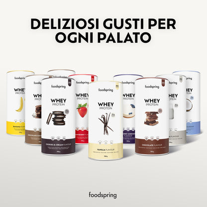 foodspring - Proteine Whey in polvere Cioccolato - Con 21 g di proteine per l'aumento muscolare, perfetta solubilità, ultra-filtrate & ricche di BCAA ed EAA - gusto pieno e delizioso (750 g)