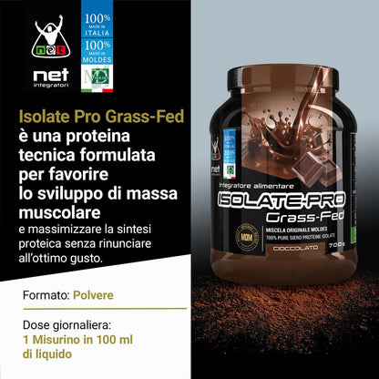 NET Integratori ISOLATE PRO Grass Fed - 700g Cioccolato - Proteine Isolate Con EAA Aminoacidi Essenziali e BCAA - Massimizza La Sintesi Proteica e La Crescita Muscolare