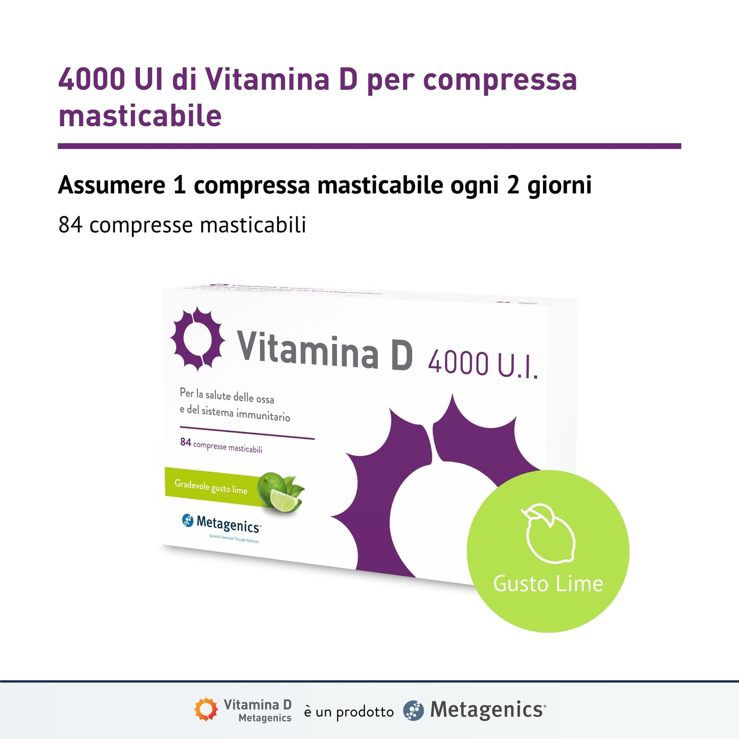 Metagenics Vitamina D 4000 U.I. - Integratore Alimentare Sistema Immunitario - Per la Salute delle Ossa - Gusto Lime - 168 Compresse Masticabili