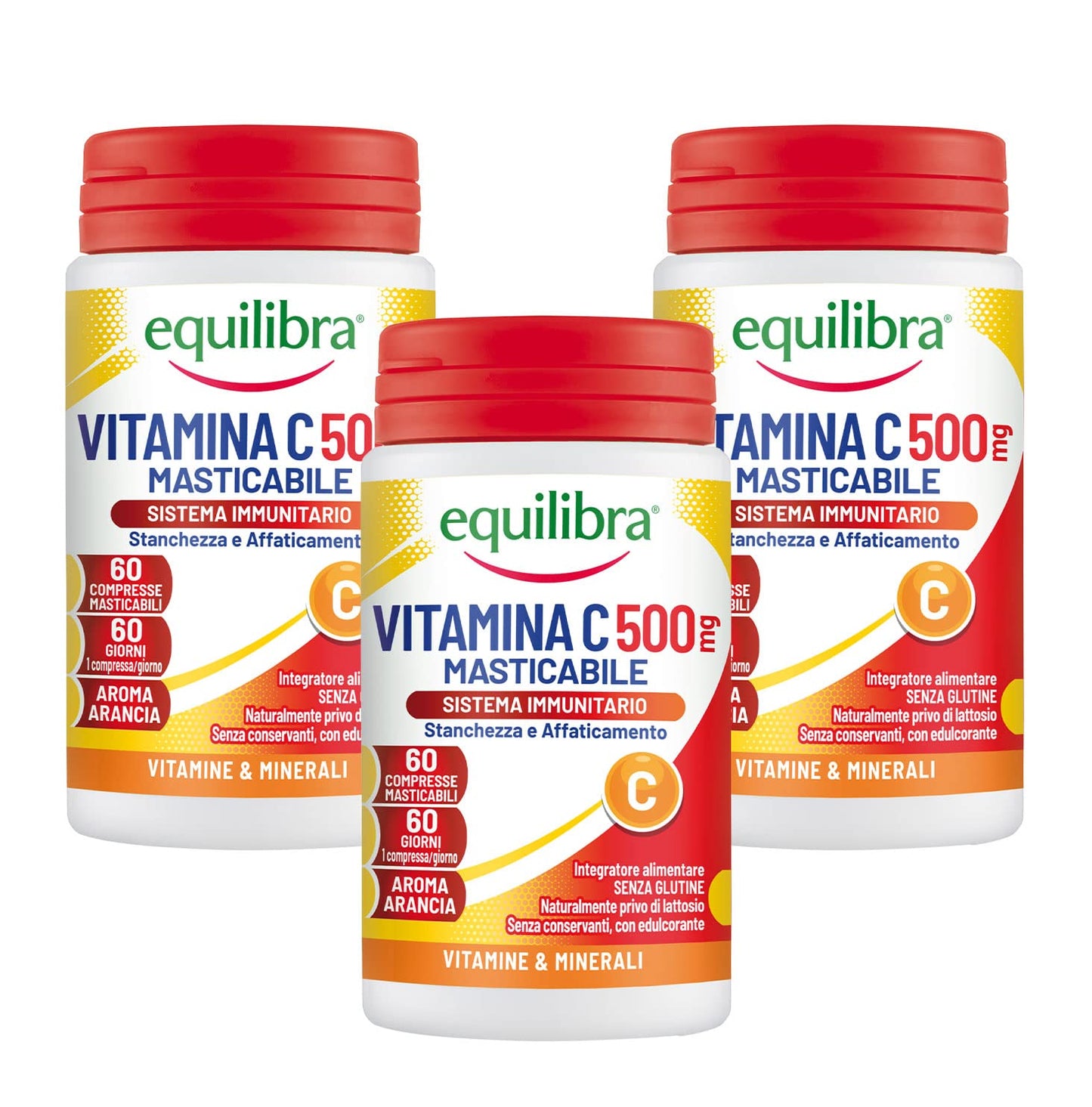 equilibra Integratori Alimentari, Vitamina C 500 mg, Integratore per la Normale Funzione del Sistema Immunitario, Riduce Stanchezza e Affaticamento, Aroma Arancia, 60 Compresse Masticabili