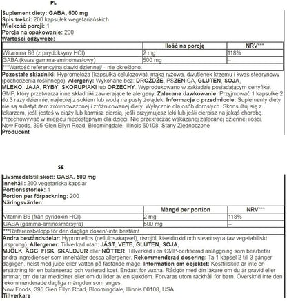 NOW Foods GABA con vitamina B6, 500 mg – 200 capsule