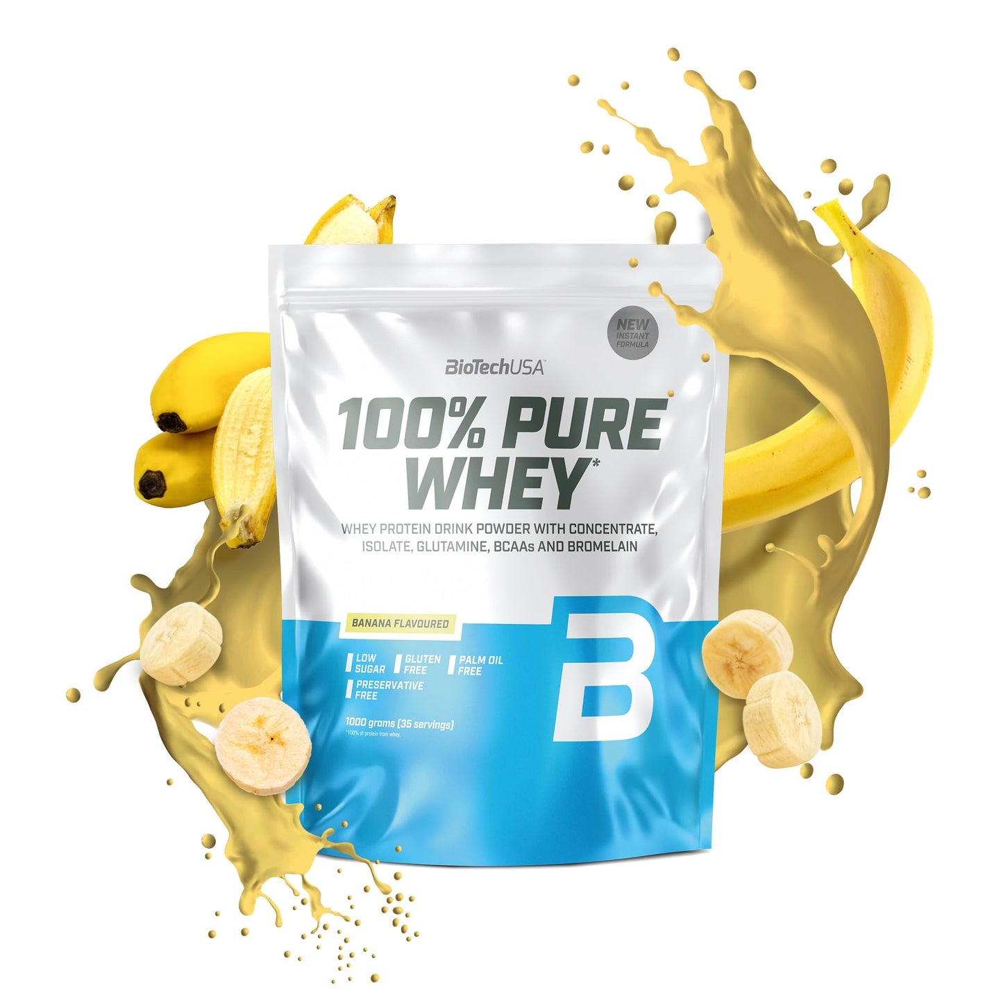 BioTechUSA 100% Pure Whey Complesso proteico del siero di latte con bromelina, aminoacidi, senza zuccheri aggiunti, senza olio di palma e con edulcorante, 1 kg, Cioccolato