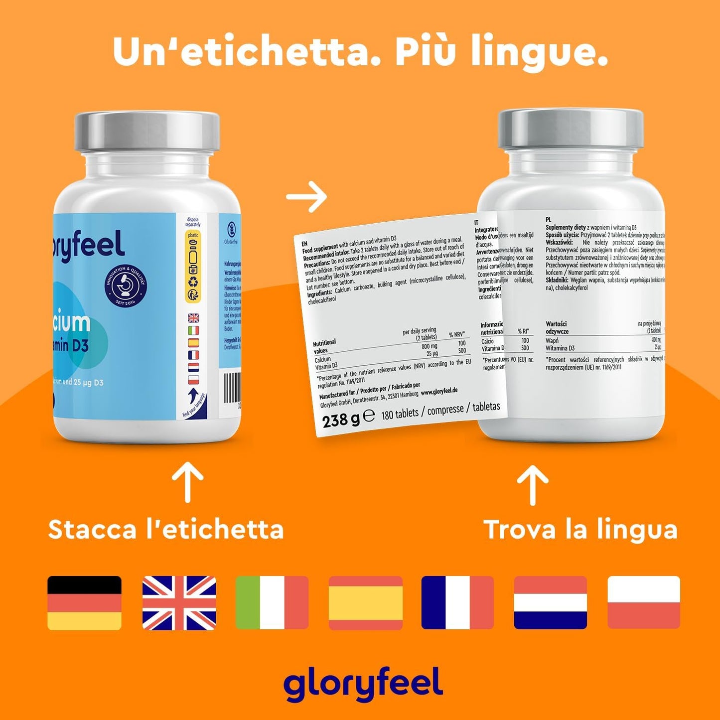 Integratore Calcio e Vitamina D3, 180 Compresse (Scorta per 3 Mesi), Integratore Ossa Ad Alto Dosaggio, Calcio 800 mg e Vitamina D3 25µg, Integratore per il Supporto delle Ossa*, Senza OGM