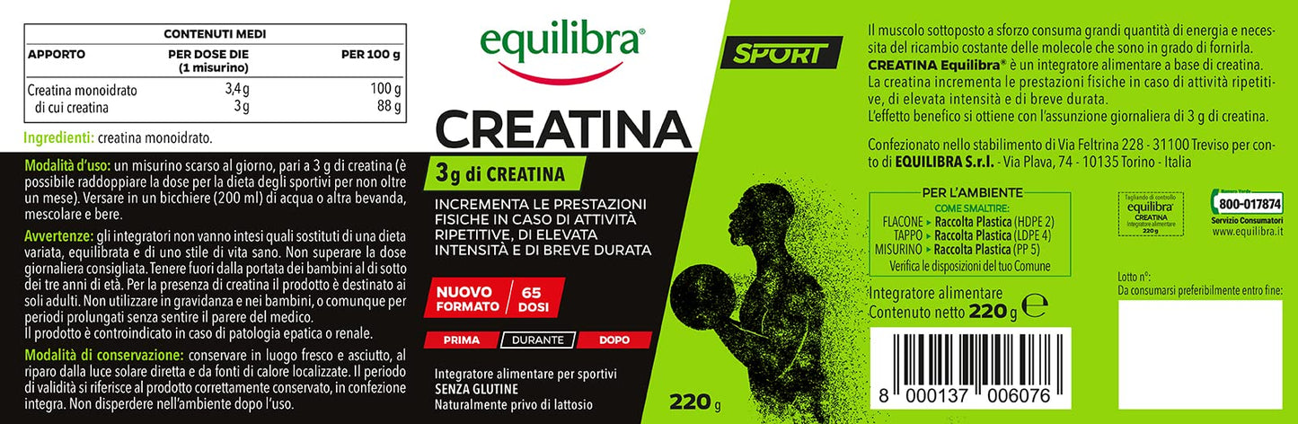 equilibra Integratori Alimentari, a Base di Creatina, Integratore Energia per Sportivi, Incrementa le Prestazioni Fisiche in Caso di Attività Ripetitive, Senza Glutine, Barattolo 220 g