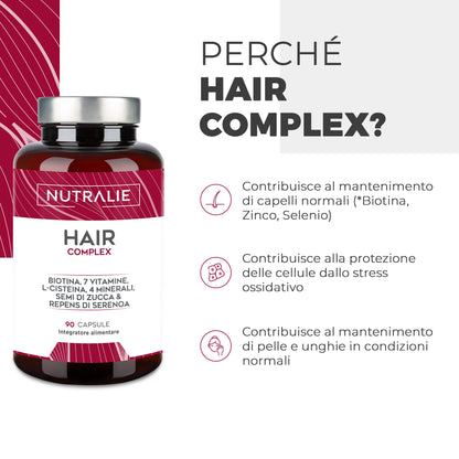 INTEGRATORE CRESCITA CAPELLI Anticaduta e Vitamine Capelli - [PREMIO 2022] Biotina + Zinco + Selenio + L-Cisteina - Per Capelli Forti Donne e Uomini - Hair Complex 90 Capsule - Nutralie