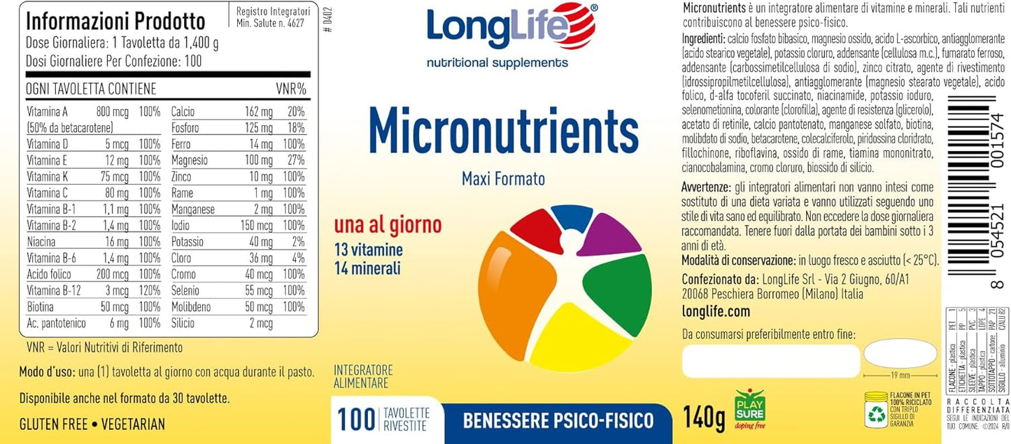 LongLife® Micronutrients 100 tav | Integratore multivitaminico | Alto dosaggio | Benessere psicofisico | Sostegno immunitario, psicologico, muscolare | Oltre 3 mesi di trattamento | Senza glutine