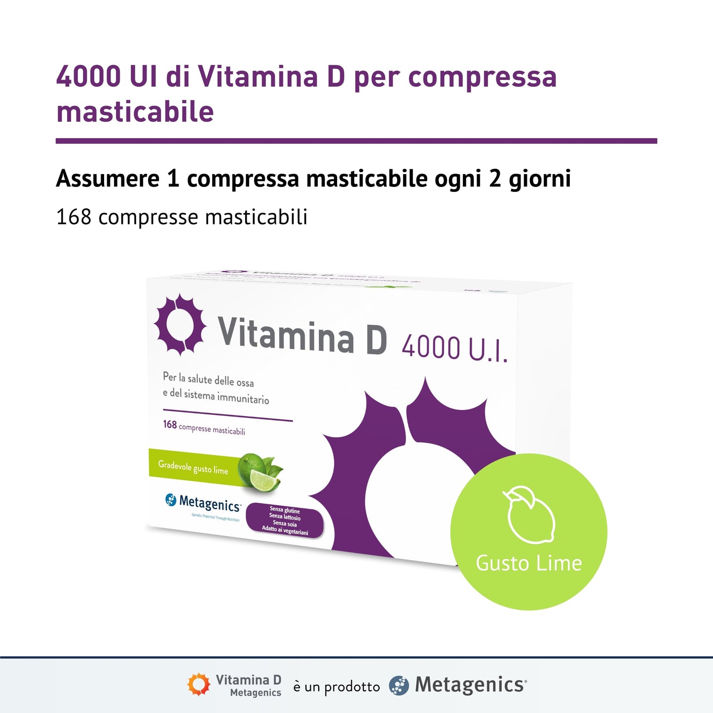 Metagenics Vitamina D 4000 U.I. - Integratore Alimentare Sistema Immunitario - Per la Salute delle Ossa - Gusto Lime - 168 Compresse Masticabili