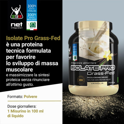 NET Integratori ISOLATE PRO Grass Fed - 700g Cioccolato - Proteine Isolate Con EAA Aminoacidi Essenziali e BCAA - Massimizza La Sintesi Proteica e La Crescita Muscolare