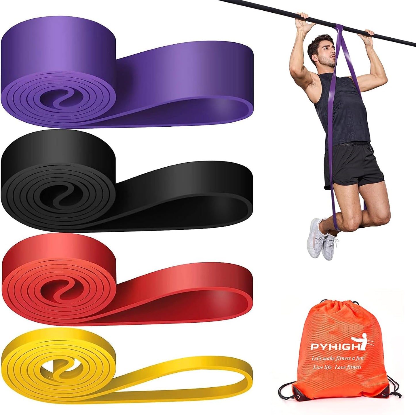 PYHIGH Bande di Elastici Fitness,4PCS Bande Elastico Fitness Set con Borsa,Bande Elastiche di Resistenza Per Pilates Yoga Stretching Potenziamento Muscolare per Uomini e Donne