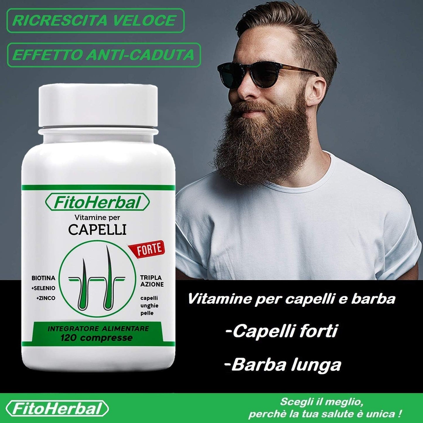 FitoHerbal Biotina + Zinco + Selenio 120 Compresse Integratore Tripla Azione Per Crescita Capelli, Migliora Aspetto Cutaneo Viso, Ridona Forza Resistenza alle Unghie. Qualità Made in Italy