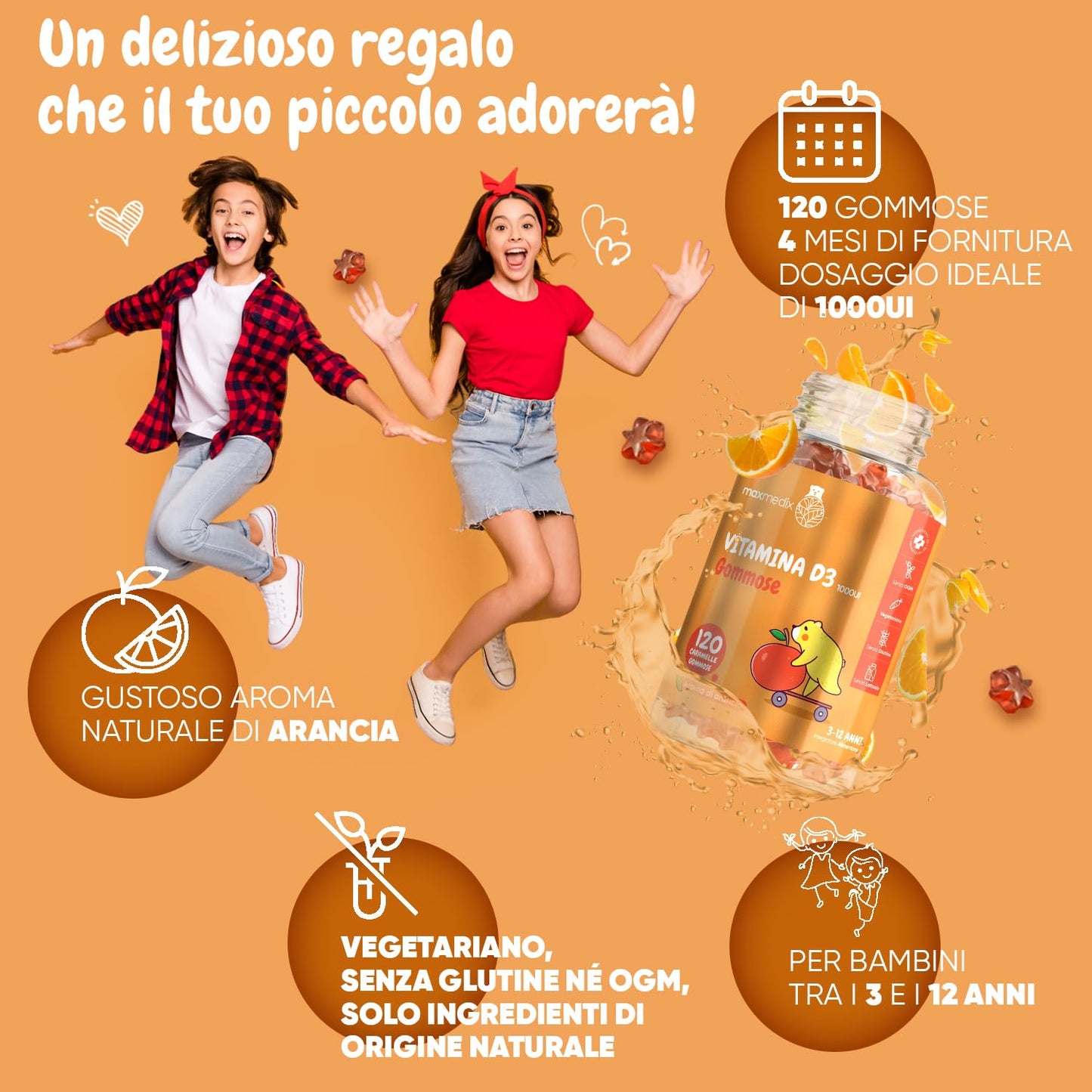 Vitamina D Bambini, 120 Gommose di Vitamina D3 (4 Mesi), Vitamin D Necessaria per la Normale Crescita e Sviluppo delle Ossa nei Bambini, Gommose all'Arancia, Vitamina D per Bambini 1000UI, 3-12 Anni