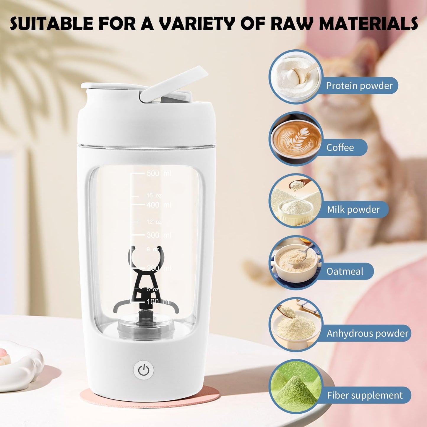 Shaker Proteine Elettrico, 650 ml, frullatore elettrico per frullati proteici ricaricabile USB C, Tazze Shaker Ricaricabili, Protein Shaker Bottle con Vano Portaoggetti, per Frullati Proteici (bianco)