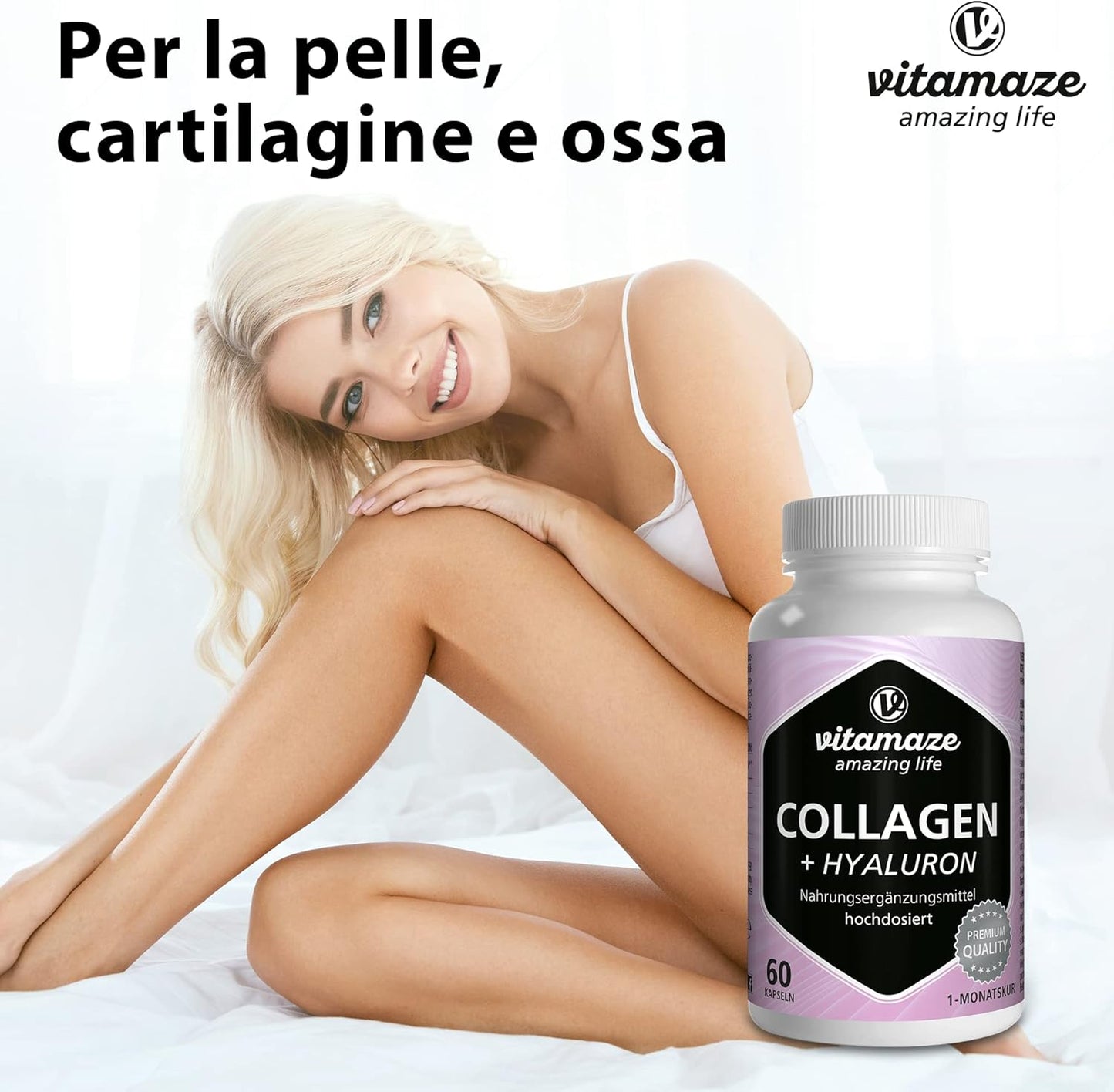 Vitamaze® Collagene con Acido Ialuronico + Condroitina + Lisina, 60 Capsule Idrolizzato, senza Additivi non Necessari.