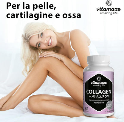 Vitamaze® Collagene con Acido Ialuronico + Condroitina + Lisina, 60 Capsule Idrolizzato, senza Additivi non Necessari.