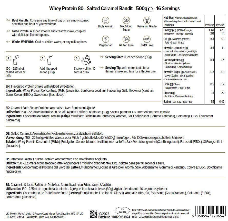 THE PROTEIN WORKS Proteine Whey 80 (Concentrate) In Polvere | 82% Di Proteine | Frullato Proteico Povero Di Zuccheri | Caramello Salato Intenso | 500g