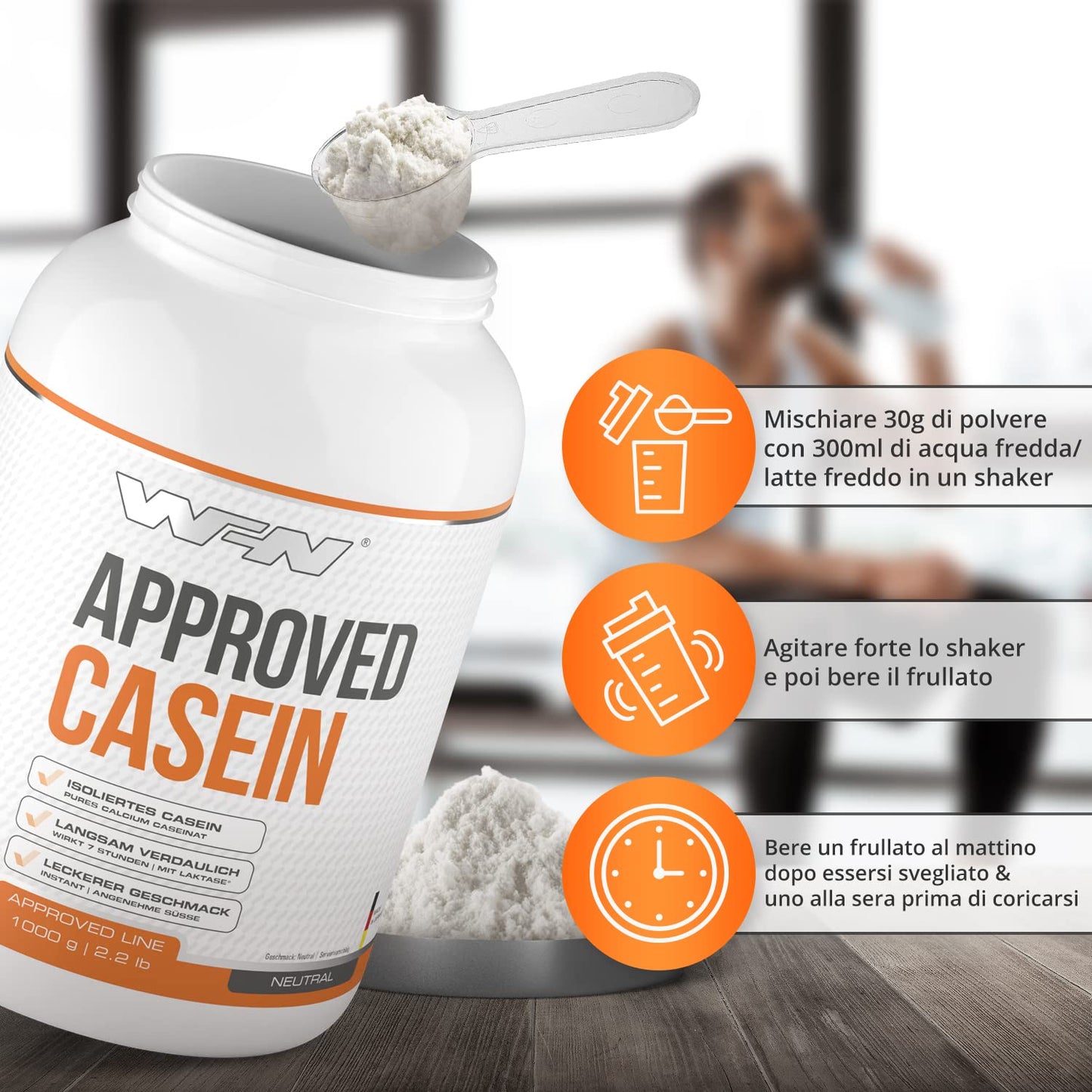 WFN Approved Casein - Neutro - 1 kg - Proteine della caseina con lattasi - Proteina in polvere cremosa - Molto solubile - Prodotto in Germania - Testato in laboratorio esterno