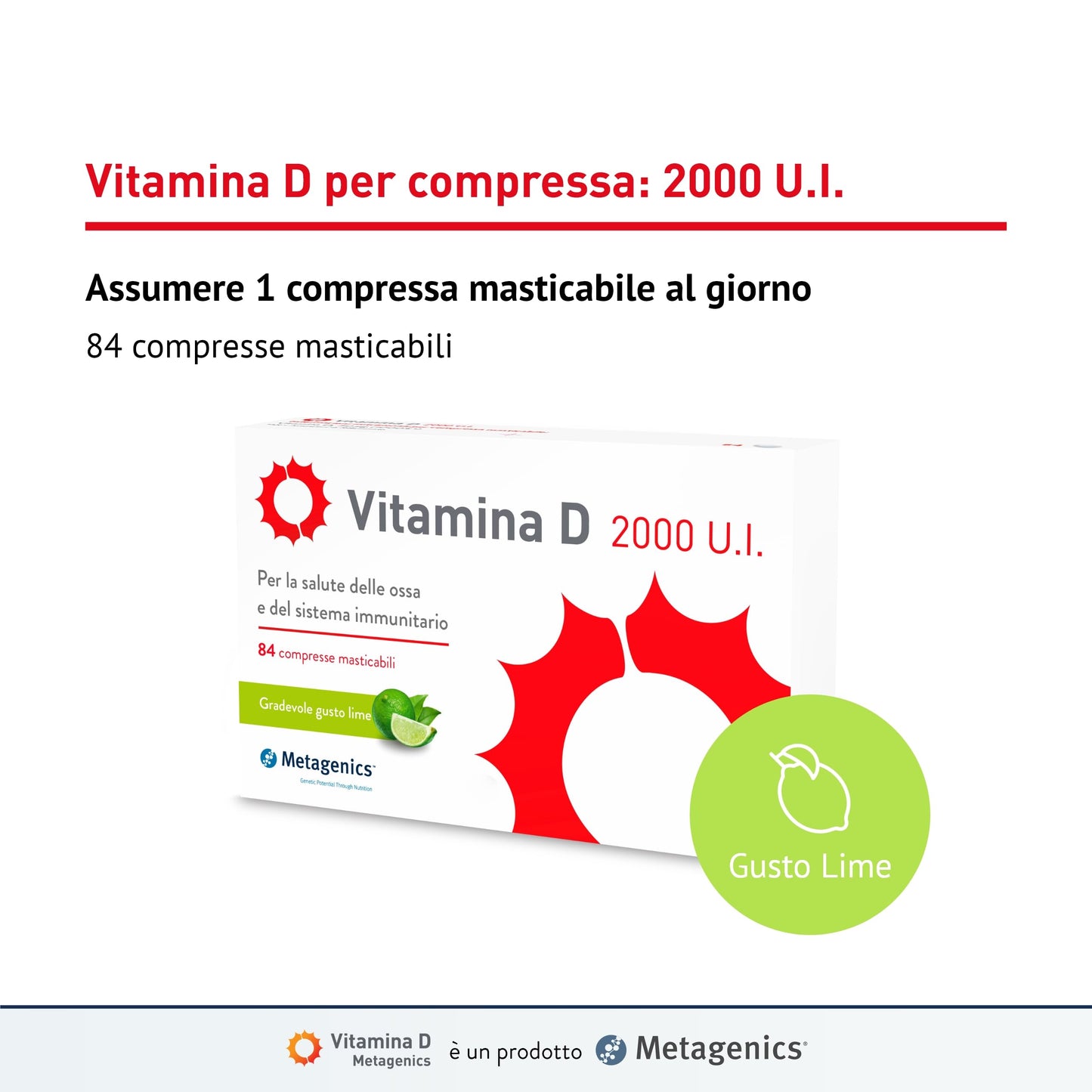 Metagenics Vitamina D 2000 U.I. - Integratore Sistema Immunitario - Per la Salute delle Ossa - 168 Compresse Masticabile