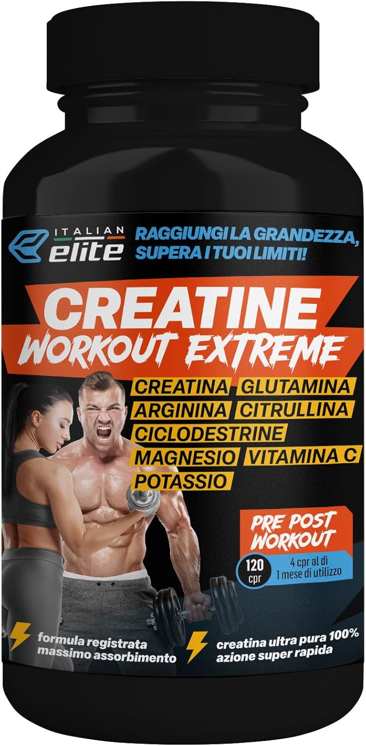 Italian Elite® Creatine Extreme, Creatina con Glutammina, Arginina, Citrullina, Vit C Magnesio, Potassio, Ciclodestrine. Pre Post Workout 120cp Monoidrata Micronizzata a Rapido Assorbimento Muscolare