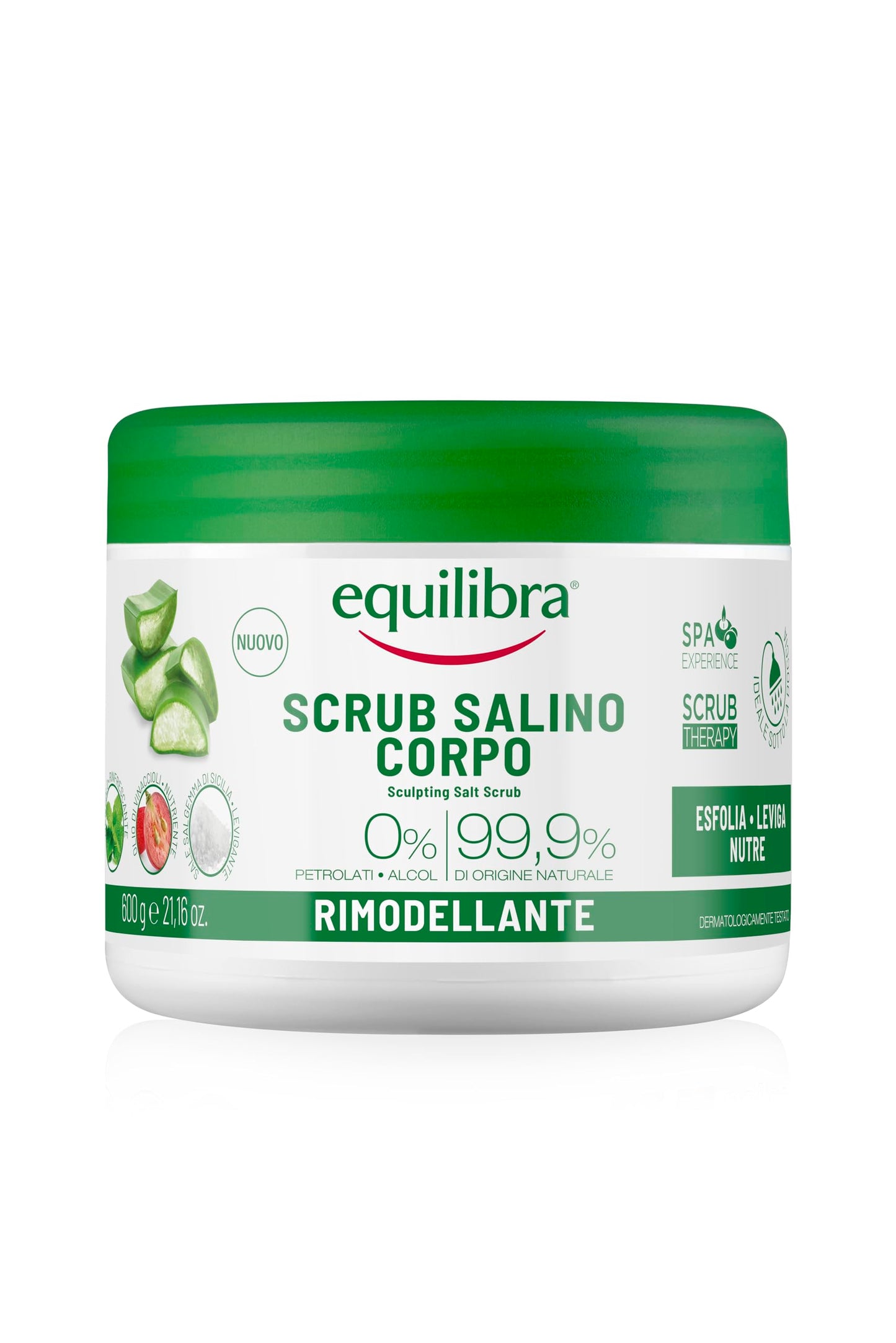 equilibra Scrub Salino Corpo Rimodellante, Esfoliante, 600 g, con Sale Salgemma di Sicilia Purissimo ad Azione Antiacqua e Aloe Vera, Oli Naturali ed Estratti Vegetali, Leviga e Nutre la Pelle