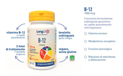 LongLife® B12 1000 mcg | Vitamina B12 | Formula esclusiva sublinguale ad alto dosaggio | Elevato assorbimento | 2 mesi di trattamento | 60 tavolette | Senza glutine