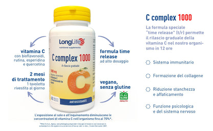 LongLife® C Complex 1000 | Vitamina C 1000mg a rilascio graduale | Alto dosaggio | Con bioflavonoidi da agrumi e quercetina | Difese immunitarie | 2 mesi di trattamento | Senza glutine e vegan