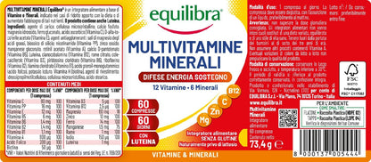 equilibra Integratori Alimentari, Multivitamine e Minerali, a base di 12 Vitamine e 6 Minerali con Luteina, Indicato per Diete Povere di Minerali e Vitamine o Aumentato Fabbisogno, 60 Compresse