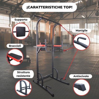 Mobiclinic® Fitness, Power Tower Dip Station, Fino a 200 kg, MultiFit, Altezza e Schienale Regolabili, Stazione di Trazione Muscolare, Torre Multifunzionale, Robusta, Palestra Domestica, Pull-up