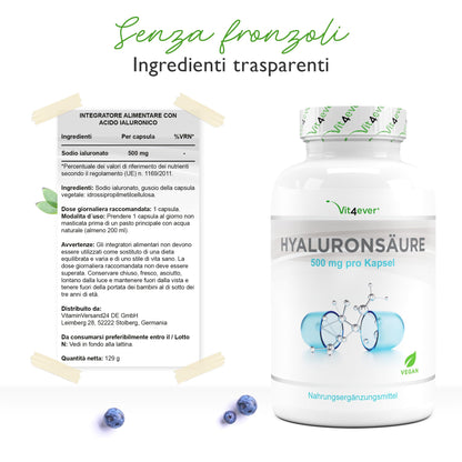 Acido ialuronico - 120 capsule altamente dosate con 500 mg - 500-700 kDa - Vegetale da fermentazione - Vegan