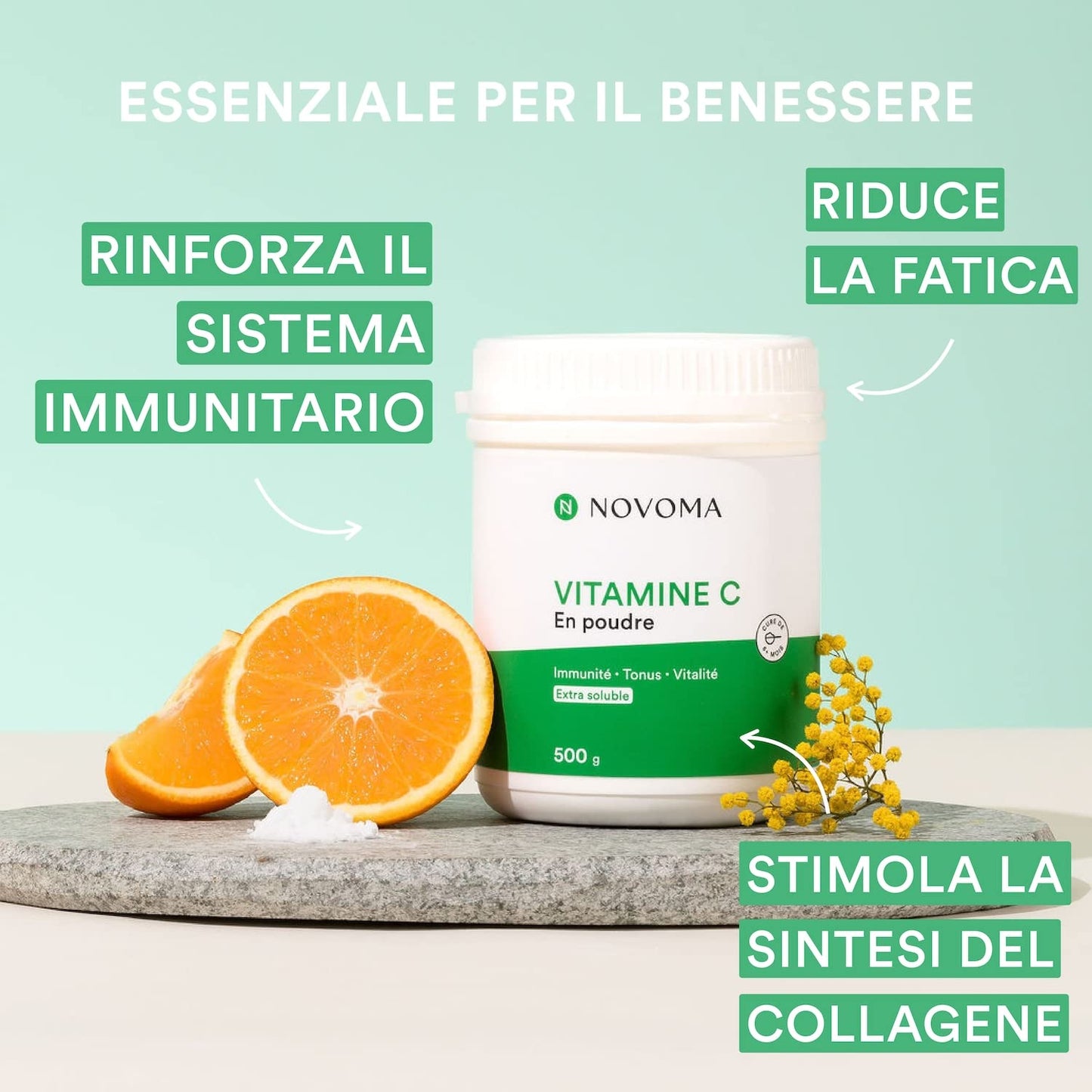 NOVOMA Vitamina C Polvere Pura 500 g, 1000mg Vitamina C per dose, Acido Ascorbico Puro in Polvere Ultra Fine, Sistema Immunitario e Stanchezza, Cucchiaio di Misurazione Incluso (ex Nutrivita)