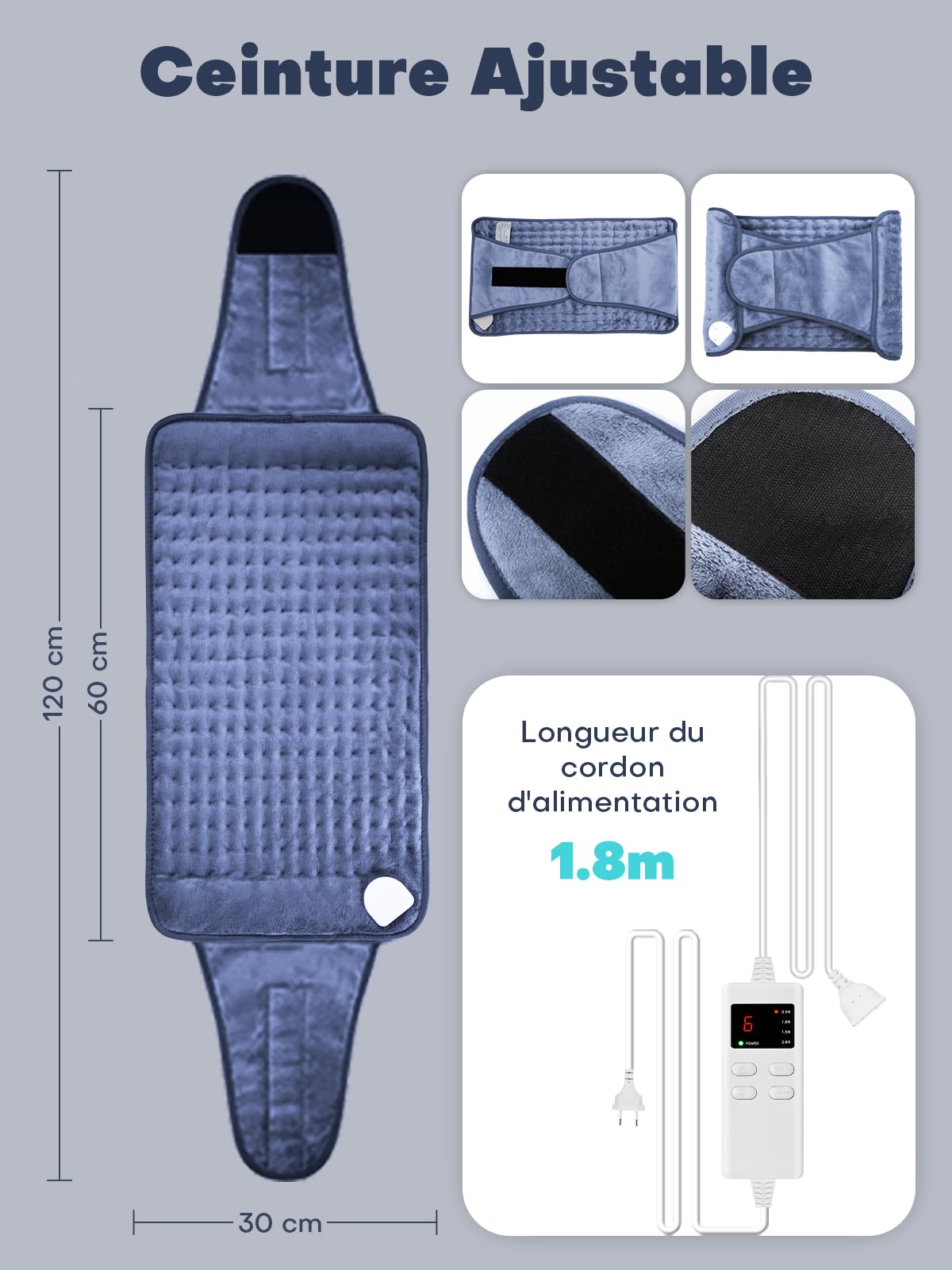 Termoforo Elettrico Termoforo Lombare con 6 Livelli di Temperatura e 4 Impostazioni di Tempo, Spegnimento Automatico per Schiena, Collo, Spalle, Addome 120 x 30cm Grigio