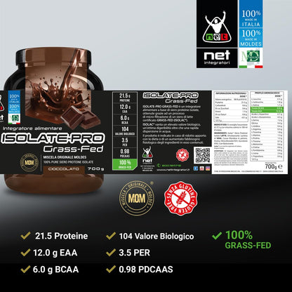 NET Integratori ISOLATE PRO Grass Fed - 700g Cioccolato - Proteine Isolate Con EAA Aminoacidi Essenziali e BCAA - Massimizza La Sintesi Proteica e La Crescita Muscolare