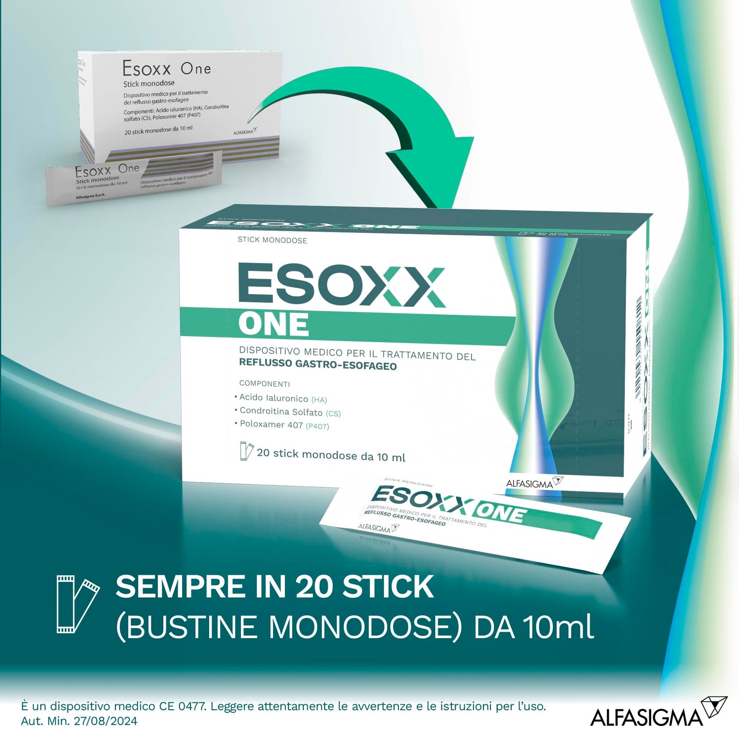 Esoxx One, Dispositivo Medico ad Azione Meccanica che Consente di Ridurre Rapidamente i Sintomi Correlati al Reflusso Gastro-Esofageo, 20 Bustine Orosolubili