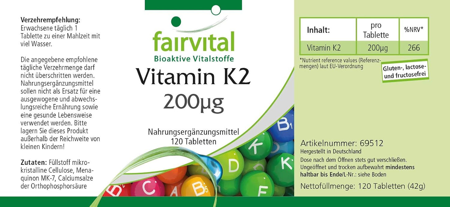 Fairvital | Vitamina K2 200mcg - 4 mesi - VEGAN - alto dosaggio - 120 compresse - menachinone da natto - MK-7