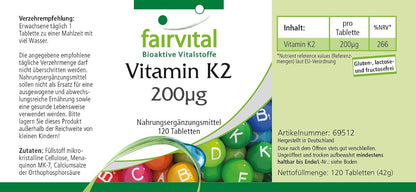 Fairvital | Vitamina K2 200mcg - 4 mesi - VEGAN - alto dosaggio - 120 compresse - menachinone da natto - MK-7