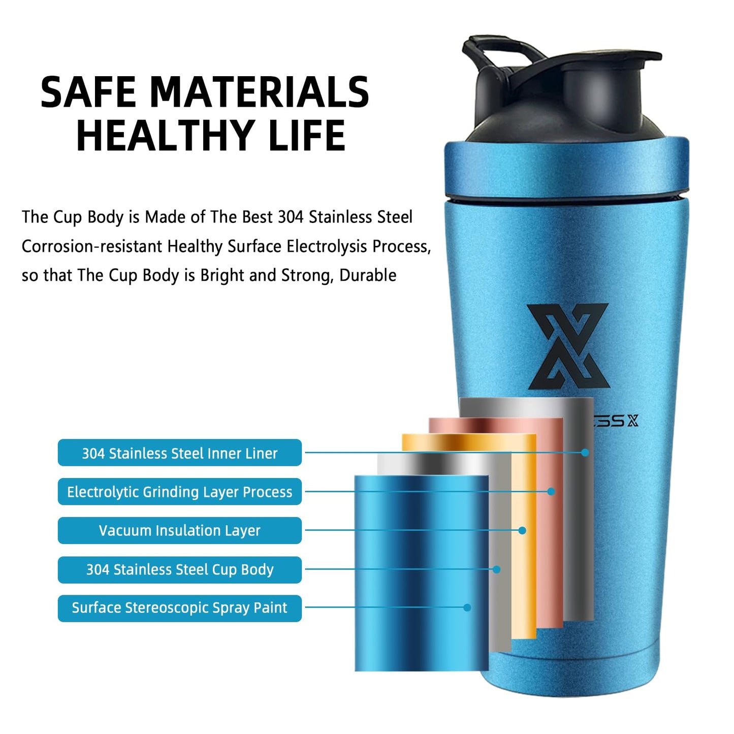 X SIM FITNESSX Shaker Proteico in acciaio inox 700 ml per sport Shaker Proteico con sfera Vacumm Shaker