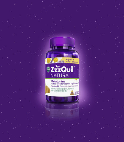 ZzzQuil Natura Melatonina Integratore per Dormire, Gusto Mango e Banana, Con Valeriana, Camomilla, Vitamina B6 e Estratti alle Erbe, 72 Gommose