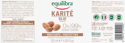 Equilibra Corpo, Olio di Karité, Olio Viso e Corpo Estratto da Burro di Karité, Azione Idratante e Protettiva, Ideale per Pelle Secca e Massaggio, con Fitosteroli e Vitamina E, 120 ml