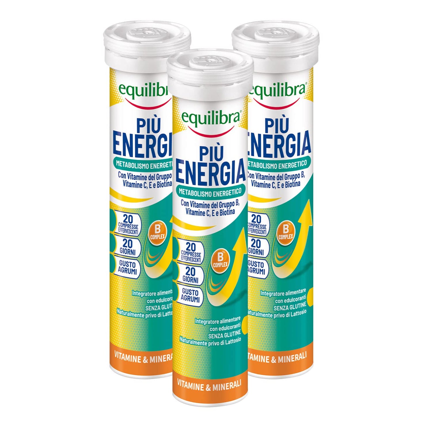 equilibra Integratori Alimentari, Più Energia, Integratore Per Il Benessere Vitaminico, Con Vitamine Gruppo B, Vitamina C, Vitamina E, Biotina, Gusto Agrumi, 3 Pezzi Da 20 Compresse Effervescenti